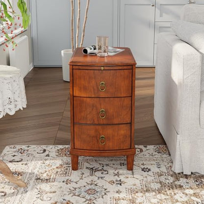 Solid Wood End Table with 3 Drawers and Slide-Out Coffee Tray | Cherry Red American Beside Table, Sofa Chair Side Table Nightstand for Living Room Bedroom, Rustic Wood Grain Accent Table - size: 22.6" Wood End Table