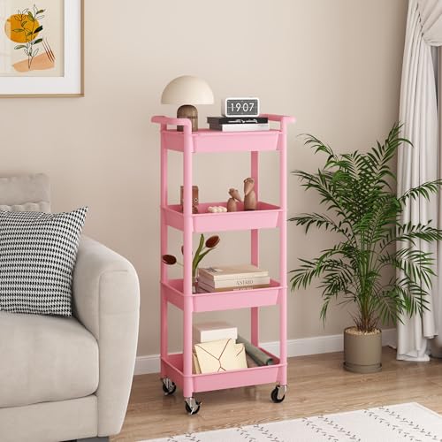 MIOCASA Utility Rolling Cart with Detachable Tray Top, 4-Tier Kitchen Storage Organization, Art Cart with Wheels for Office, Classroom, Livingroom, Kitchen, Bathroom (Pink, 4-Tier-Plastic) - size: 4-Tier, style: Pink
