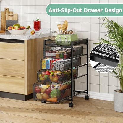 keomaisyto 5-Tier Kitchen Storage Cart with Top Basket & Drawers, Fruit and Vegetable Storage Rack on Wheels, Metal Rolling Cart with Drawers & Kitchen Organization for Snacks, Potatoes, Onions, Cans - size: 5-Tier