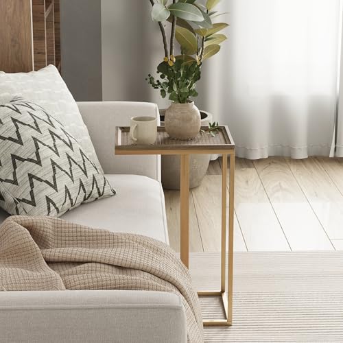Farmhouse C Shaped End Table with Distressed Wood & Metal Woven Tray Top, Modern Slim Snack Side Table with Metal Base, Gold - color: Gold, style: Metal Woven