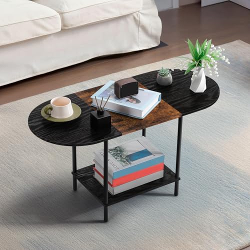 Coffee Tables for Living Room,Mid Century Small Oval Center Table with 2-Tier Storage Shelf and Wood Tabletop,Farmhouse Narrow Cocktail Tea Table for Small Space,Apartment,Black Brown - color: Black Brown