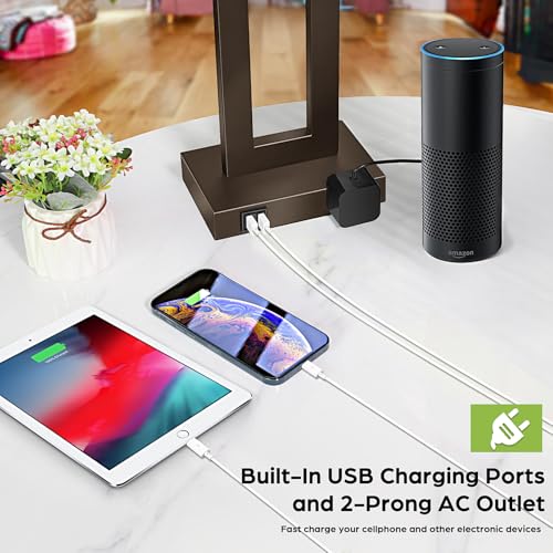 Set of 2 Touch Control Table Lamps with 2 USB Ports&AC Outlet, 3-Way Dimmable Modern Nightstand Lamp Sets, Brown Bedside Desk Lamps for Bedroom Living Room End Tables, Bulbs Included, Cream Shade | 3 Way Dimmable, Touch Control, Fabric Cream Shade, Nights