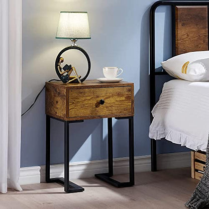 VECELO Nightstand with Storage Drawer, End/Side Table for Bedroom, Sturdy Metal Frame