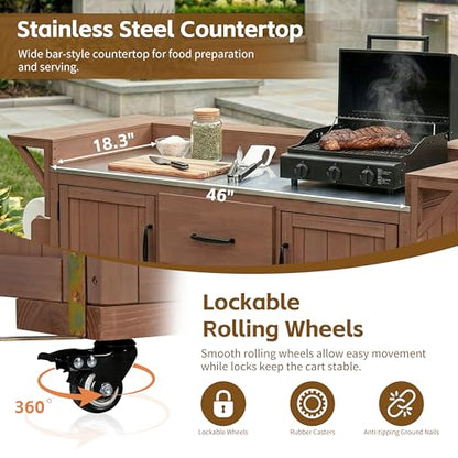 Modern 60.2''W Outdoor Kitchen Island with Wheels, Rolling Patio BBQ Kitchen Cart with Stainless Steel Top, Wood Grill Cart with Spice Rack&Wine Rack,2 Drawers, Brown - style: Brown