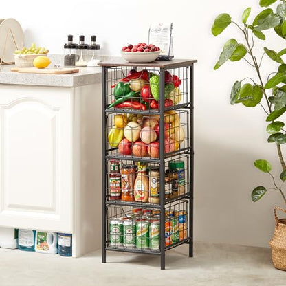 DINGTAI 5-Tier FreeStanding Storage Shelves with 4 Pull-Out Baskets,Bathroom Organizer Shelves Unit with WoodTop,Fruit Basket for Kitchen,Storage Tower Organizer Basket Cart for Bathroom，Black