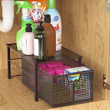 Deco Brothers Stackable Pull Out Cabinet Sliding Basket with Divider, Large | Under Sink Organizer, Bronze - color: Bronze