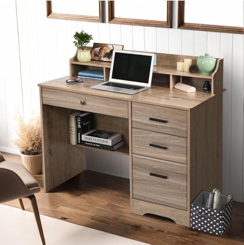 Computer Desk with 4 Drawers and Hutch, Wood Executive Desks with File Drawer and Shelves, Small Desk Study Table for Bedroom, Student Teen Writing Laptop Table, Grey - color: Grey