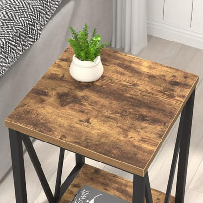 EXCEFUR End Table, Square Side Tables for Living Room, Industrial Metal and Wood Nightstand for Bedroom, Rustic Brown