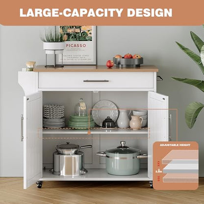 Kitchen Island with Storage, Wooden Countertop Rolling Kitchen Island On Wheels Storage Cabinet, Mobile Kitchen Island Cart with Towel Rack, Spice Rack and Drawers, White - color: White