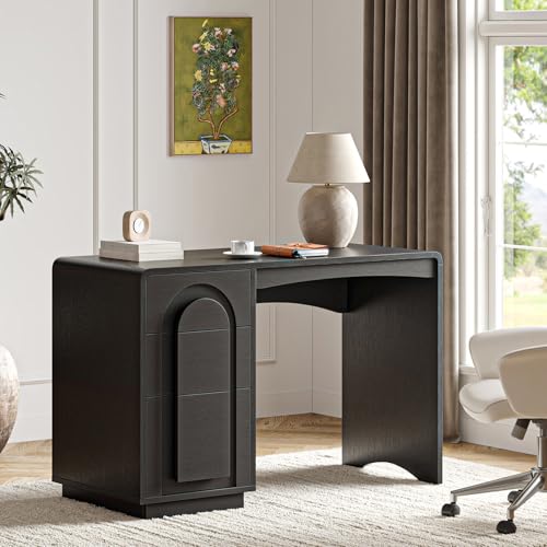 Bestier Computer Desk with Drawer, 47 Inch Wood Home Office Desk with Storage & Cabinet, Modern Arched Curved Design Office Desks for Writing Study Bedroom, Black - color: Black