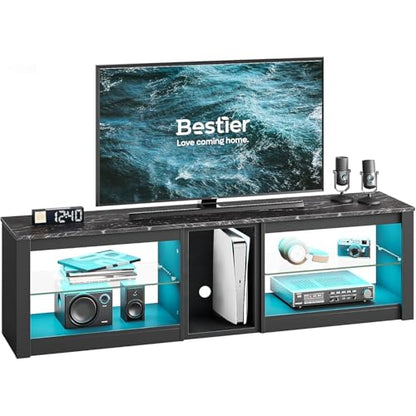 Bestier TV Stand for 70 inch TV, Gaming Entertainment Center for PS5, LED TV Cabinet with Glass Shelves for Living Room, 63'' Inch, Marble Black