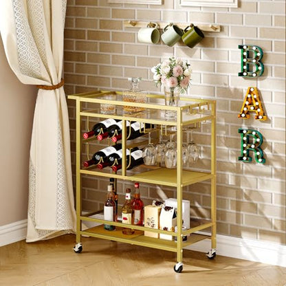MAHANCRIS Bar Cart for Home, 3-Tier Serving Cart with Wheels and Handle, Beverage Cart with Wine Rack and Glass Holders, Rolling Wine Cart for Kitchen, Dining Room, Gold RCJ61B01 - size: 24.8''L x 11''W x 32''H