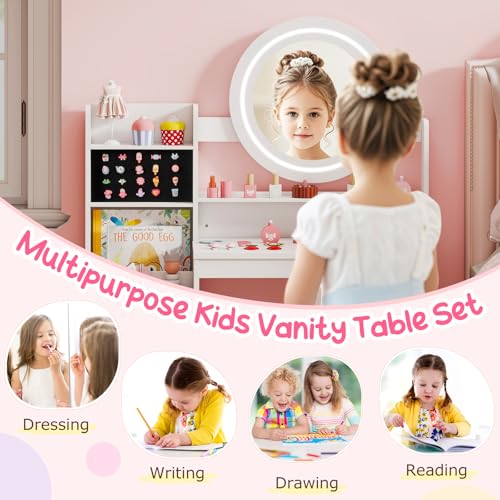 Costzon Kids Vanity, Girls Vanity Set with Mirror and Lights, Jewelry Storage, Shelves, Princess Toddler Makeup Vanity Desk Dressing Table, Wooden Kids Vanity Table and Chair Set (White) - style: White with Jewelry Storage
