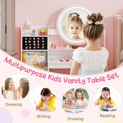 Costzon Kids Vanity, Girls Vanity Set with Mirror and Lights, Jewelry Storage, Shelves, Princess Toddler Makeup Vanity Desk Dressing Table, Wooden Kids Vanity Table and Chair Set (White) - style: White with Jewelry Storage