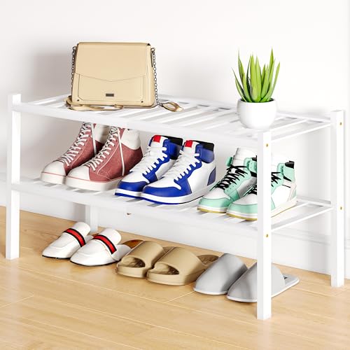 Smiry Bamboo Shoe Rack, 12 Vertical Slats, 2 Tier - 26.8" Wide, White | Stackable Free Standing Wooden Shoe Organizer, Wood Shoe Storage Shelf for Closet, Entryway - color: White, size: 26.80" Wide - 2 Tier - Regular