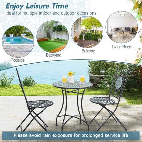 Giantex 24 Inch Patio Bistro Table, Mosaic Round Table w/Ceramic Tile Tabletop, Heavy-Duty Metal Structure, Outdoor Dining Table for Backyard, Garden, Porch (Blue & Black (Sun Pattern)) - color: Blue & Black (Sun Pattern)
