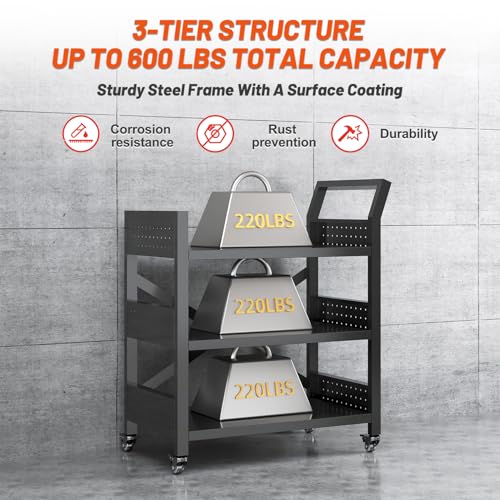 3 Tier Rolling Tool Cart, Heavy Duty Metal Service Cart with Standard Handle and Pegboards, 660 LBS Load Capacity Tool Utility Cart, Industrial Utility for Garage, Warehouse, Workshop - size: 13.8"D x 24.4"W x 30.3"H