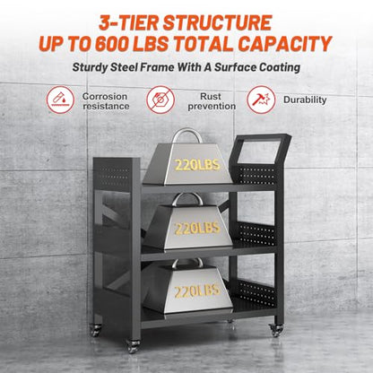 3 Tier Rolling Tool Cart, Heavy Duty Metal Service Cart with Standard Handle and Pegboards, 660 LBS Load Capacity Tool Utility Cart, Industrial Utility for Garage, Warehouse, Workshop - size: 13.8"D x 24.4"W x 30.3"H