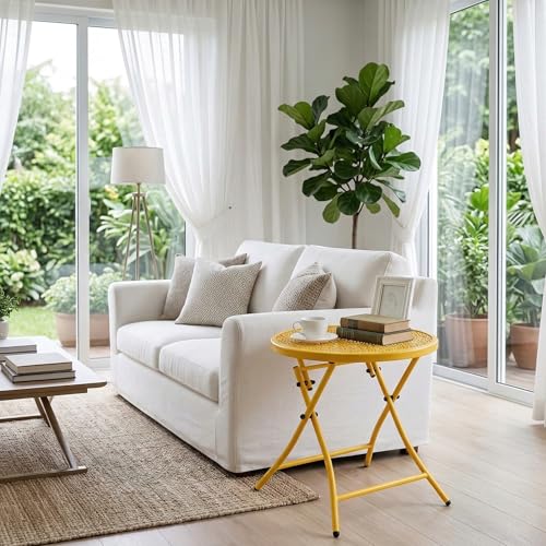 TeoKJ Folding Outdoor Side Tables, Anti Rust Small Patio Table Round Metal Nightstand with Flower Cutouts for Porch Yard Balcony Deck Lawn, Yellow - color: Yellow
