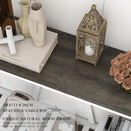 Farmhouse Console Table with Shelf, 39.3" Narrow Entryway Table, Dark Oak | Farmhouse Style Grey Oak Top White V‑Shape Frame Slat Shelf Storage 39.3" Narrow Anti‑Tip Legs sofa table - color: Dark Oak