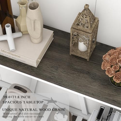 Farmhouse Console Table with Shelf, 39.3" Narrow Entryway Table, Dark Oak | Farmhouse Style Grey Oak Top White V‑Shape Frame Slat Shelf Storage 39.3" Narrow Anti‑Tip Legs sofa table - color: Dark Oak