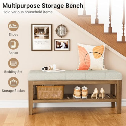 YaFiti End of Bed Storage Bench, 42.9" Entryway Shoe Bench with Solid Wood Shelf, Upholstered Ottoman with Padded Seat for Bedroom, Hallway and Living Room, Beige - color: Beige