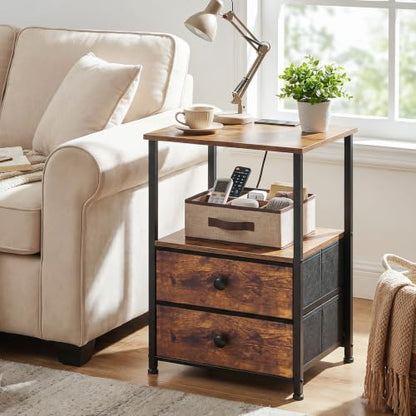 LOAKEKEL Night Stand, Nightstands Set of 2 with Charging Station | Bedside Table with 2 Fabric Drawers for Bedroom, End Tables with Storage Shelf for Small Spaces, Rustic Brown - color: Rustic Brown, style: Power