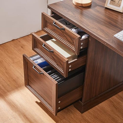 60" Farmhouse Executive Desk with Charging Station,Home Office Desk with 2 Drawers &1 File Cabinet,Wood Work Desk for Office and Home (Brown) - color: Brown