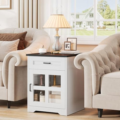 Farmhouse End Table, 18" Side Table with Drawer and Barn Door Storage, Wood Sofa Side Bedside Table for Living Room, Bedroom (White) - size: 1PCS