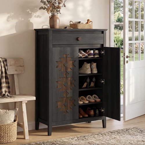 5-Tier Shoe Cabinet with Drawers, Wooden Shoe Storage Cabinet with Adjustable Shelves,Simple Tribal Style Freestanding Walnut Shoe Cabinet Suitable for Entrance,Corridor,Cloakroom,Black - color: Black