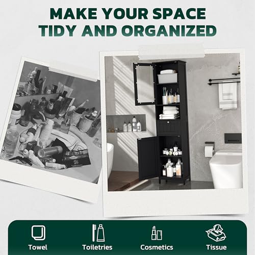 Greenvelly 67" Tall Bathroom Storage Cabinet, Narrow Freestanding Storage Unit with Magnetic Door, Drawer & Adjustable Shelves, Anti-Tip Floor Cabinet for Bathroom, Living Room, Black