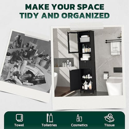 Greenvelly 67" Tall Bathroom Storage Cabinet, Narrow Freestanding Storage Unit with Magnetic Door, Drawer & Adjustable Shelves, Anti-Tip Floor Cabinet for Bathroom, Living Room, Black