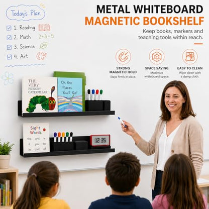 2 Pack Magnetic Book Shelf for Whiteboard, 17 Inch Heavy Duty Metal Magnetic Shelves, Holds 12 lbs, Magnetic Book Display for Classroom Furniture, Office - Black - color: Black