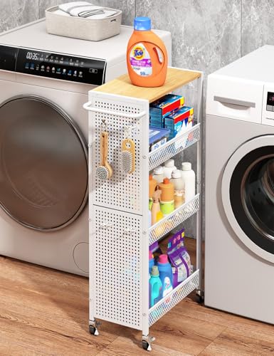 Utility Slim Storage Cart 4 Tier Small Rolling Kitchen Laundry Room Organization Cart with Wood Top Metal Narrow Laundry Room Shelves Cabinet Unit Laundry Organizer Trolley with Handle for Small space - color: White, size: 9.1 inch wide