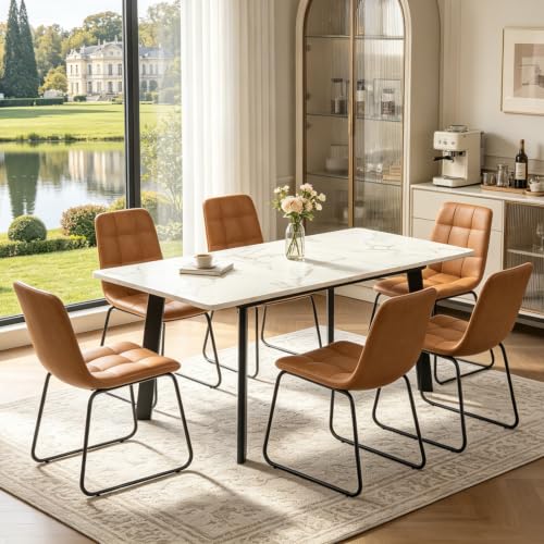 47.2"-63" Extendable Dining Room Table Set for 4-8 People, White | Removable Extension Leaf, Durable MDF Rectangle Tabletop, 6 Brown U-shaped PU Leather Chairs, Heavy Duty Modern Kitchen Table - color: 47.2'' - 63'' White Table+6 U Brown Chairs