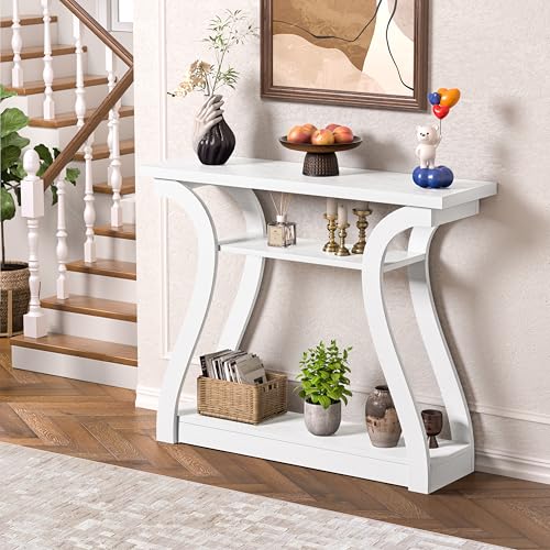 47" Wood Console Table for Entryway, Narrow Sofa Table with 3-Tier Shelves | Curved Legs Farmhouse Hallway Table, Skinny Console Table Behind Couch, Rustic Wooden Entry Table for Living Room (White) - color: White
