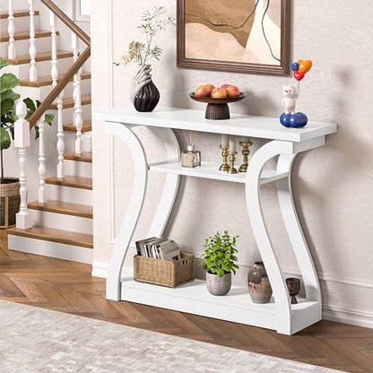 47" Narrow Console Table for Entryway, Wood Sofa Tables with 3-Tier Shelves | Curved Legs Farmhouse Hallway Table, Skinny Console Table Behind Couch, Rustic Wooden Entry Table for Living Room (White) - color: White