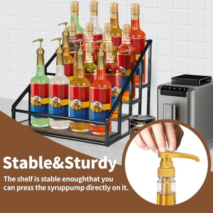 YQBRAO 2-Pack 4-Tier Coffee Syrup Organizer, 32-Bottle Total, Brown | Two racks hold up to 32 bottles total with stepped visibility for large coffee bars, kitchens, and beverage stations. - size: 4 Tier 16 Bottle Syrup Rack - 2 Pack