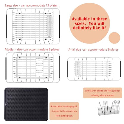 NiuYichee Stainless Steel Dish Drying Rack(14.2"L x 9.5"W x 4.1"H), Expandable Fruit & Vegetable Drain Rack over Sink, Dish Drainer Rack in Sink, with Stainless Steel Utensil Holder & 16" Silicone Mat - size: Small【14.2" X 9.5"】