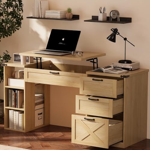 Farmhouse Lift Top Desk: Rustic Wood Standing Desk with 3 Drawers & Open Storage Shelves, Adjustable Height, White & Brown Home Office Computer Desk for Work, Study, Writing (Natural Oak) - color: Natural Oak