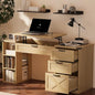 Farmhouse Lift Top Desk: Rustic Wood Standing Desk with 3 Drawers & Open Storage Shelves, Adjustable Height, White & Brown Home Office Computer Desk for Work, Study, Writing (Natural Oak) - color: Natural Oak