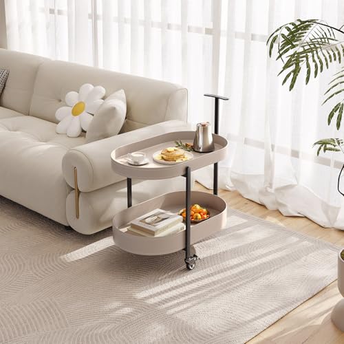 Guyii 2 Tiers Storage Rolling Cart 360 Rotating Side Table Modern End Table Living Room Table with Wheels Easy to Move for Living Room Bedroom Kichen Bathroom Pu Leather - color: Beige