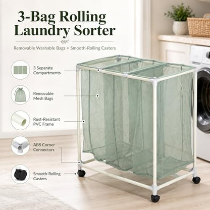 3-Bag Mesh Rolling Laundry Sorter Cart, Soft Silver, Removable Washable Bags, Easy-Roll Casters, Rust-Resistant PVC Tubing Frame w/ABS Corners, 29.5 x 19 x 30.5 in, for Dorm & Laundry Room