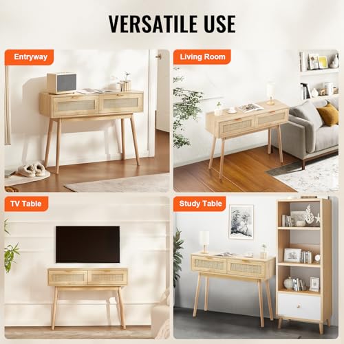 VEVOR Rattan Console Table with 2 Storage Drawers, Rattan Entryway Table with Natural Rattan Sliding Door, Console Sofa Table for Living Room, Study, Entryway Or TV Wall, Natural - size: 2 Drawers