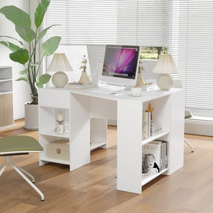 Giantex White Desk with Drawer, 48 Inch Corner Desk with Storage Shelves, Laptop PC Table for Workstation, Vanity Table for Bedroom, Modern Wood Executive Study Writing Table for Small Space