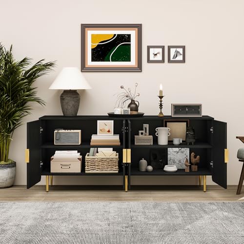 65" Fluted Sideboard Buffet Cabinet with Storage, Console Cabinet with 4 Doors & Adjustable Shelves, Modern Buffet Table for Kitchen Dining Living Room Hallway‌ Entryway, Black - color: Black