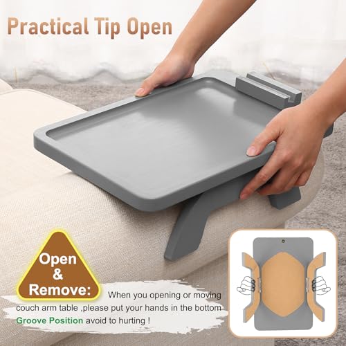 SINWANT Couch Armrest Table,Bamboo Couch Arm Tray with 360° Rotating Phone Holder,Anti Slip Foldable Sofa Arm Tray for Eating Drinking Snacks Remote on Armrest 15.35"x9.85" - color: Gray