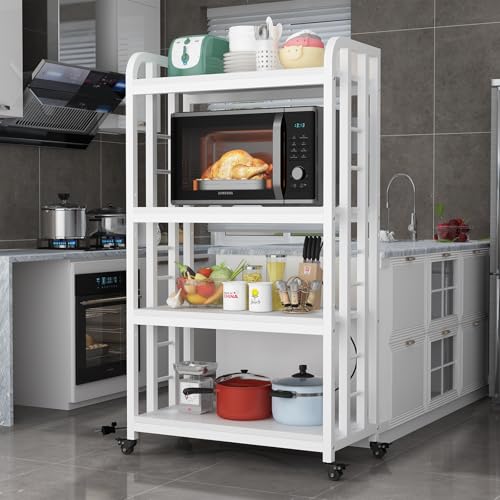 SIREDEEP Bakers Rack with Power Outlet ，4-Tier Kitchen Baker's Rack,Microwave Stand with Storage Suitable for Kitchen,Microwave Cart, Living Room, Dinning Room，Coffee Bar（White） - color: White