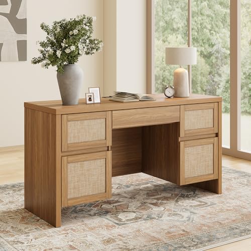 Yechen Executive Desk with 5 Drawers, 57" Modern Rattan Home Office Desk with Charging Station, File Drawer, Farmhouse Boho Computer Writing Desk for Study, Work, Walnut Brown