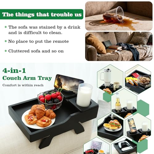 GHKINMAL Couch Cup Holder Tray, 15.4"x9.9" Large 4 in 1 Couch Arm Tray with 360°Rotated Phone Holder, Non-Slip Clip on Side Table for Drinks/Remote/Snacks, Ideal Gift for Husband, Wife, Parents - color: Black